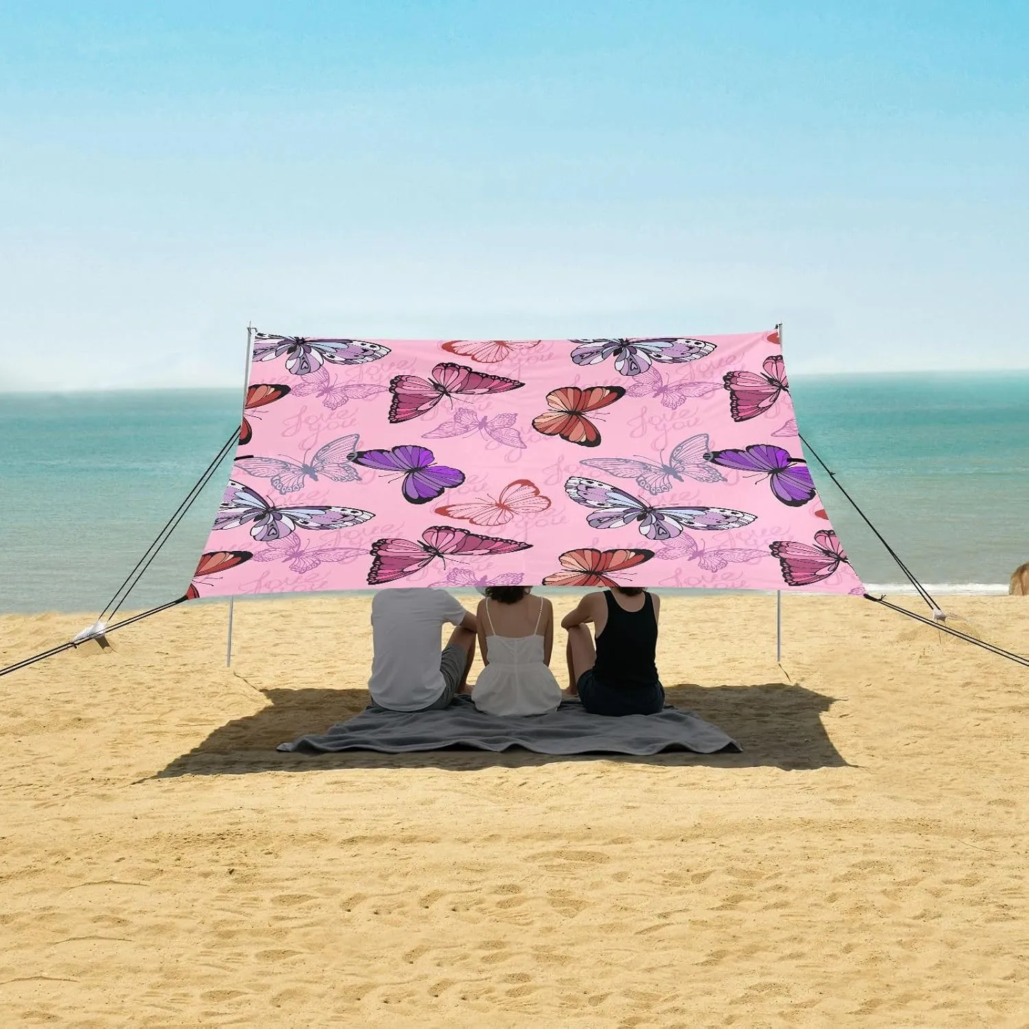 Pink Flying Butterflies Beach Canopy Tent Anti-UV & Wind Resistant, Camping Sun Shelter Easy Setup Portable,Outdoor Shade Tents with Sandbags,Sand Shovels,Ground Pegs & Stability Poles