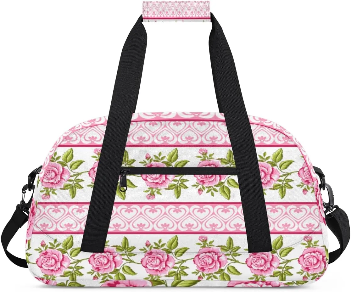 Pink Rose Gym Duffel Bag for Men Women Ethnic Sports Tote Bag with Adjustable Shoulder Strap for Dance Gymnastics Traveling Outdoor Camping Overnight Stay