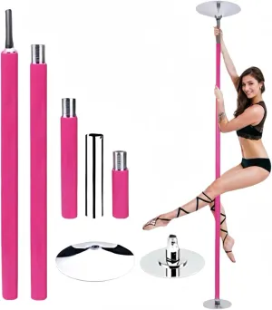 Pink Tension-Mounted Chrome Exercise Pole For Home Use, Drill-Free Floor-to-Ceiling Adjustable 2.2–2.7m, Lockable Static & 360° Rotation Modes, Portable For Dance, Yoga, Ballet & Strength Tra