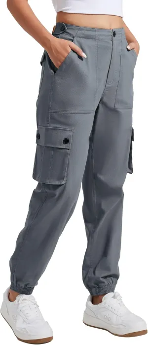 Pioneer Camp Women's Stretchy Cargo Pants with Pockets High-Rise Casual Hiking Cotton Joggers Adjustable Waistband with Belt