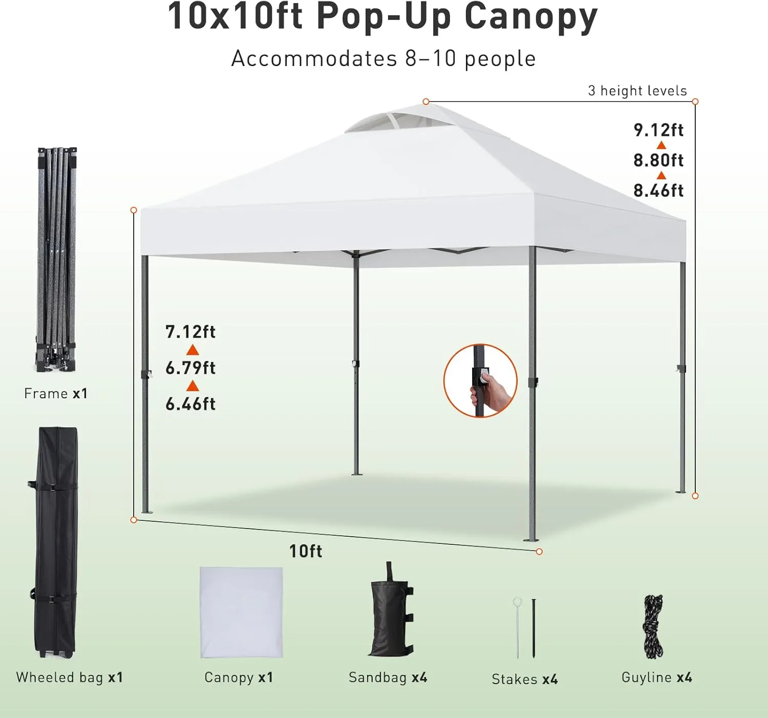 Pipishell 10x10 Portable Canopy, One Push Setup, Easy Up Patio Tent Outdoor Instant Sun Shade, Gazebo with Wheeled Bag,UV-Resistant and Waterproof for Camping, Events, Backyard Frost White