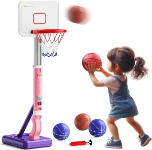POCO DIVO Kids Basketball Hoop, Adjustable Height Poolside Goal Board, Indoor Outdoor Toddler Classic Sports, Mini Portable Backyard Game 4-Balls Set, Boy Girl Toy Gift Adult Pool Party Play, Pink