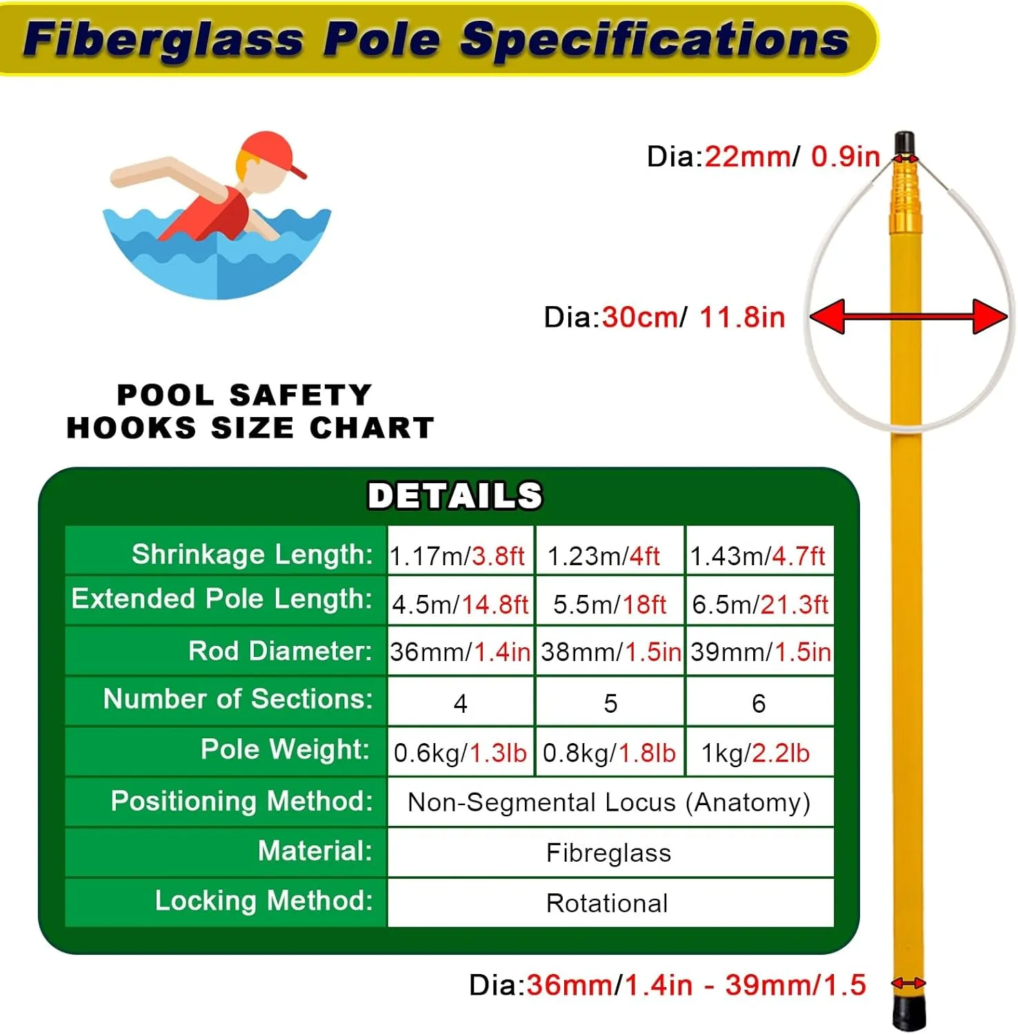 Pool Safety Hook for Swimming & Boat, Telescopic Pool Safety Rescue Pole Emergency Lifeline Hook Portable Professional Life Saving Tension Bar Fiberglass Rescue Hook(18 ft/5.5 m/216.5INch)