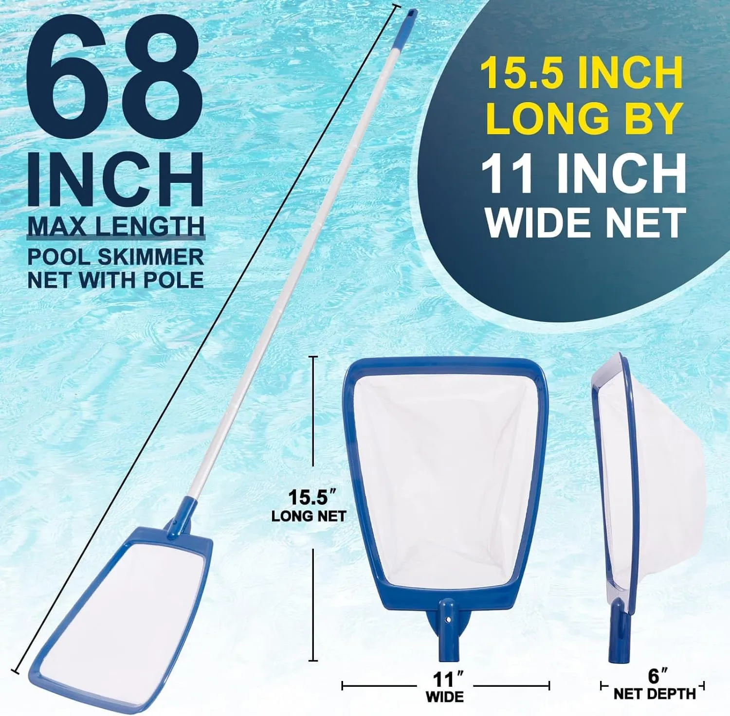 POOLAZA Pool Skimmer Net with Pole, Ultra Fine Mesh Pool Nets for Cleaning with Pole, Semi-deep Pool Net Skimmer with 68'' Thickened Aluminum Pole, Pool Leaf Net for Above Ground Pool, Spa & Hot Tub