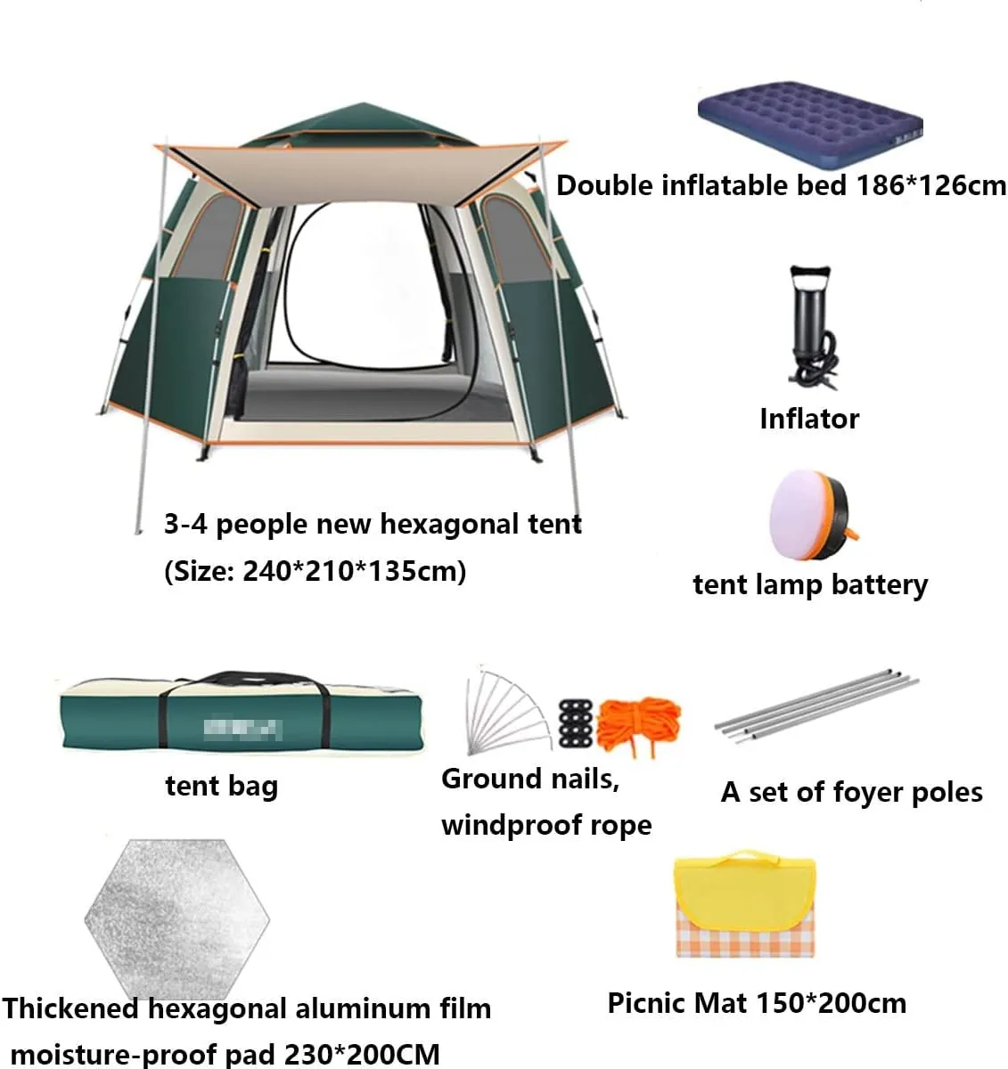 Pop-Up Camping Tent 3-4Person Tent Family Tents for Camping Water Resistance Lightweight Durable Durable Fiberglass Poles Includes Tent Stakes ( Color : Green , Size : 34 people 240*210*135cm )