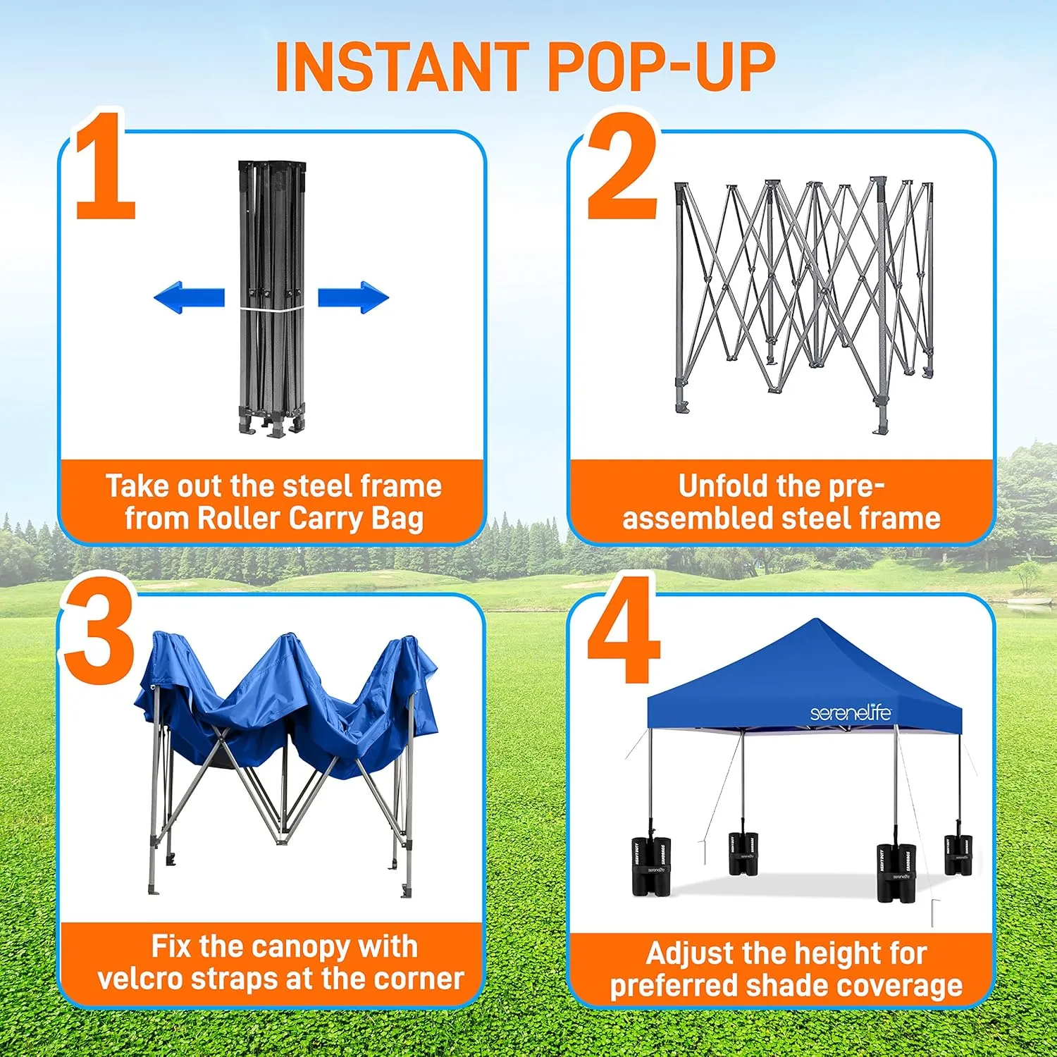 Pop Up Canopy Tent 10x10 - Commercial Instant Shelter Foldable/Collapsible Sun Shade Canopy Pop Up Tent w/Waterproof UV Resistant Top, Portable Carry Bag & Sand Bag - SereneLife SLGZ10BU (Navy Blue)