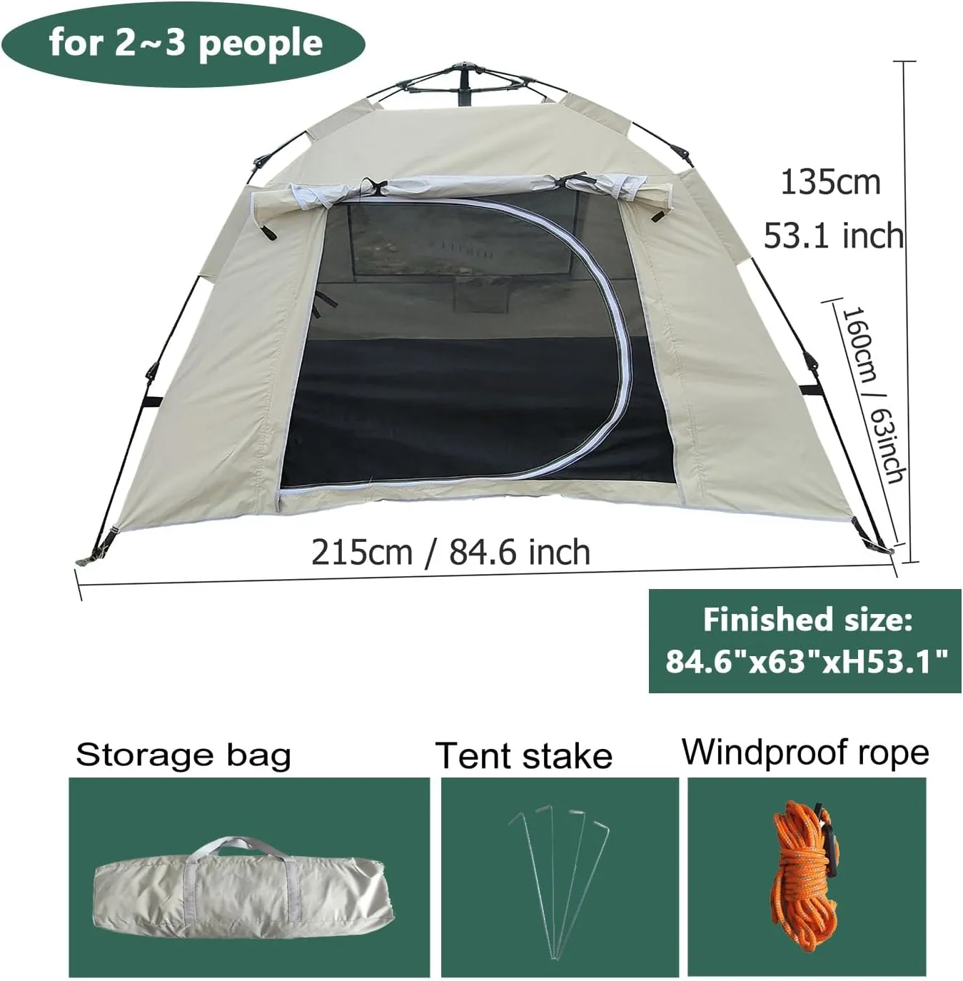 Pop up Tent Automatic 2/3 Person Camping Tent, Quick-Opening, Rainproof, Sunshine-Proof, Portable for Fishing, Hiking, Mountaineering, Hunting