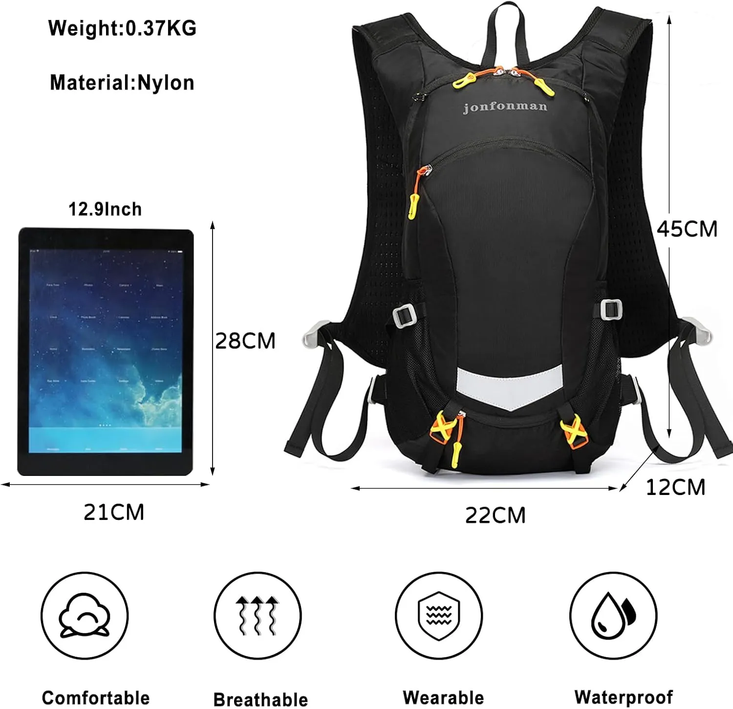 PORRASSO Hiking Backpack 19L Rucksack Waterproof Daypack Lightweight Backpack for Women Men Camping Trekking Cycling Climbing Outdoor Sports Black