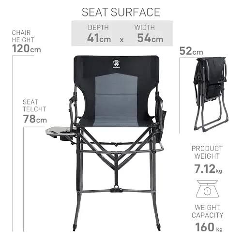 Portable 30.7" Seat Height Tall Folding Camping Chair Directors Chair w/ Side Table