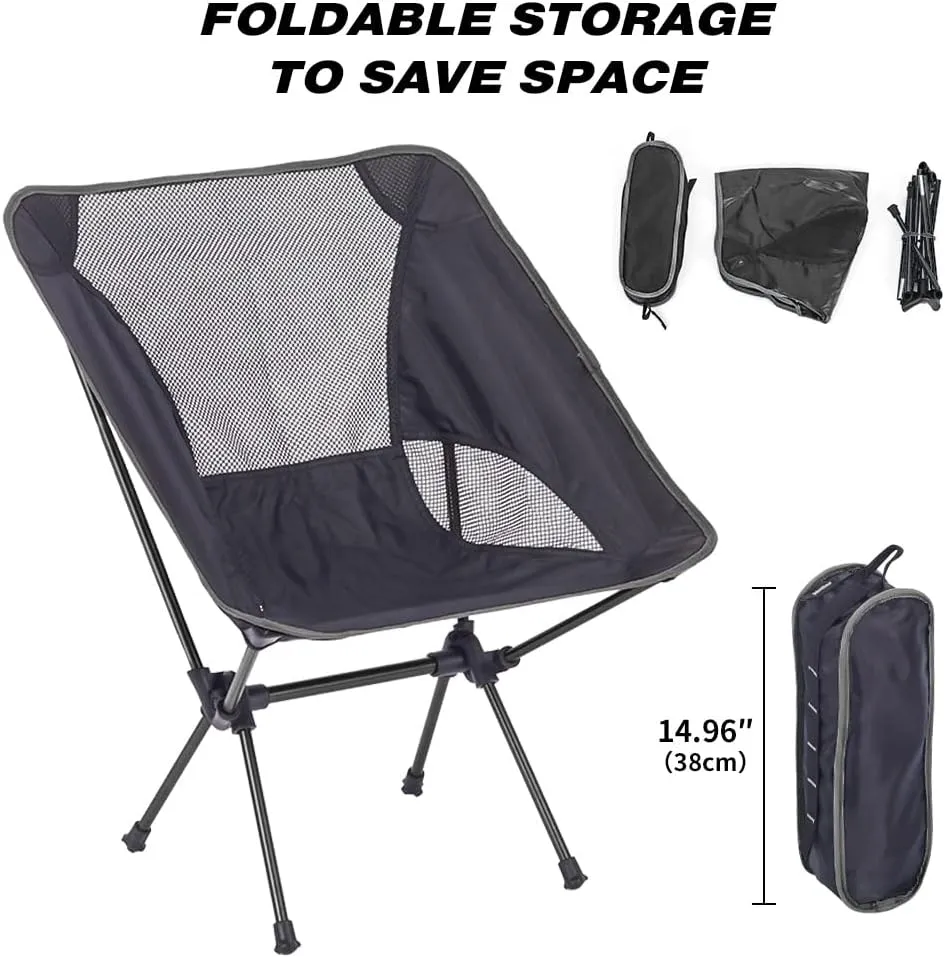 Portable Camping Chair, Lightweight Foldable Outdoor Chair for Hiking Beach Lawn, Max Load 220 lbs, Aircraft Grade 7075 Aluminum, Compact Backing, Black