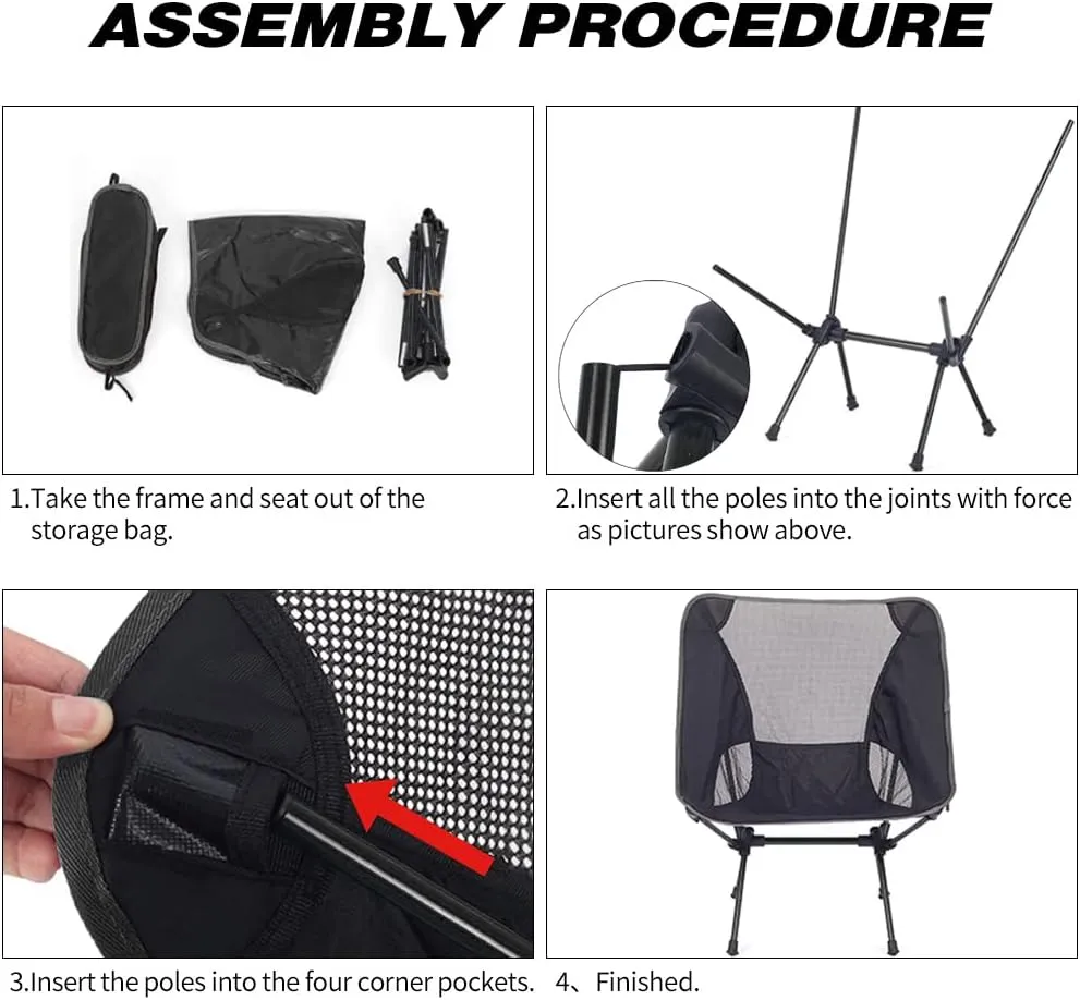 Portable Camping Chair, Lightweight Foldable Outdoor Chair for Hiking Beach Lawn, Max Load 220 lbs, Aircraft Grade 7075 Aluminum, Compact Backing, Black