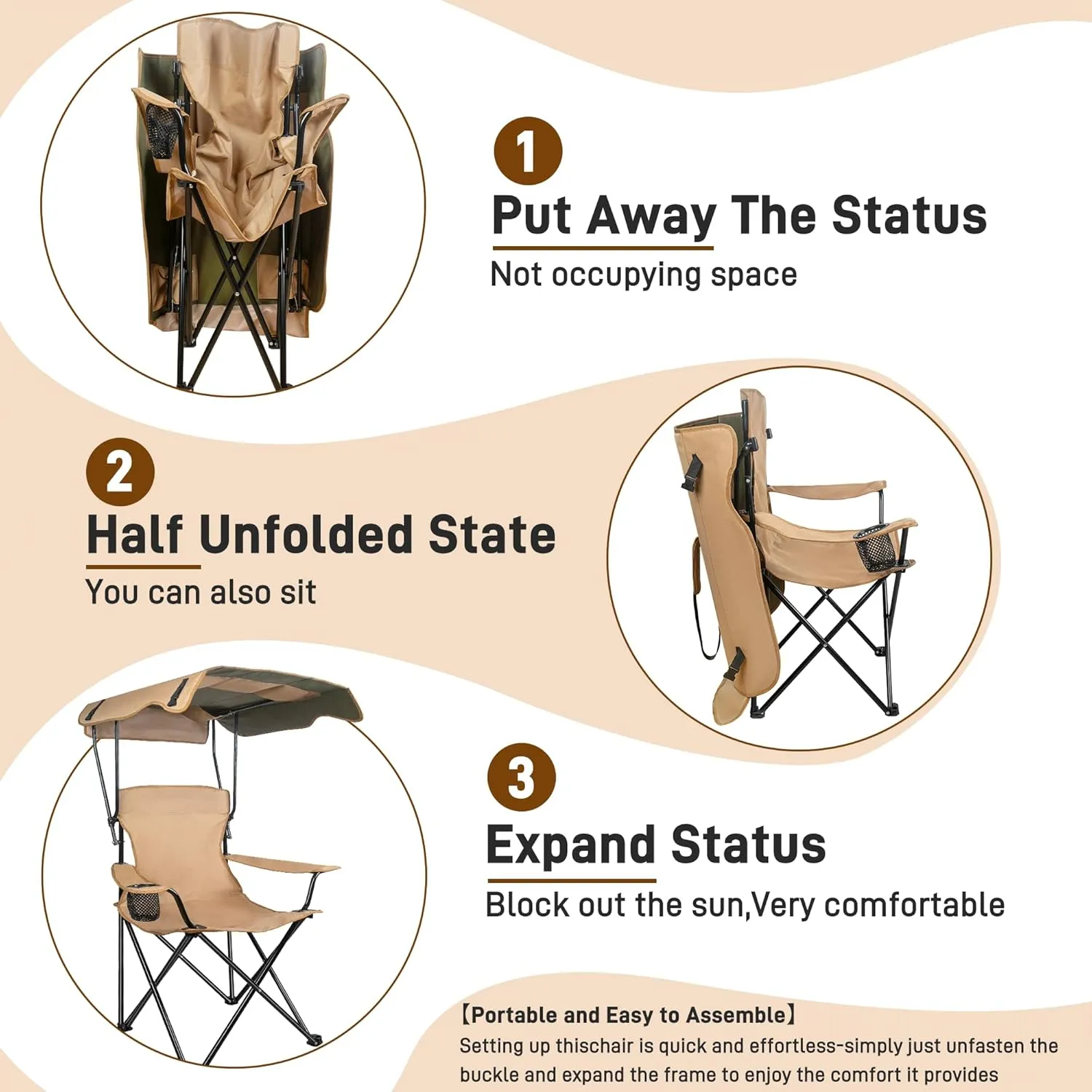 Portable Camping Chair with Canopy, Beach Chair with Canopy Shade, Lightweight Folding Camping Chairs with UPF 50  Sun Shade, Arms & Cup Holder, for Outdoors, Fishing, Beach, Sports - Support 350 Lbs