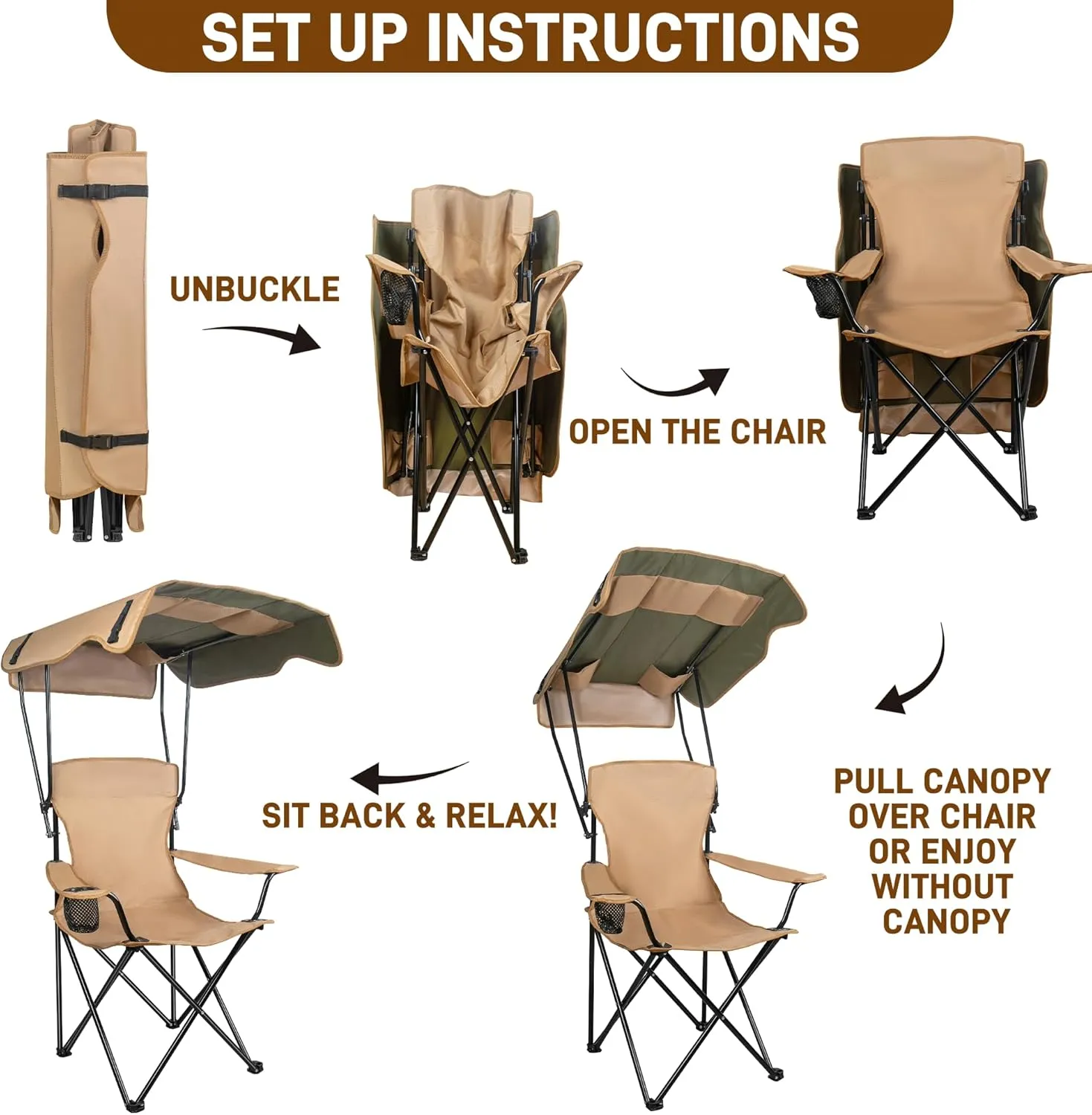 Portable Camping Chair with Canopy, Beach Chair with Canopy Shade, Lightweight Folding Camping Chairs with UPF 50  Sun Shade, Arms & Cup Holder, for Outdoors, Fishing, Beach, Sports - Support 350 Lbs