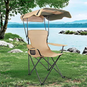 Portable Camping Chair with Canopy, Beach Chair with Canopy Shade, Lightweight Folding Camping Chairs with UPF 50  Sun Shade, Arms & Cup Holder, for Outdoors, Fishing, Beach, Sports - Support 350 Lbs