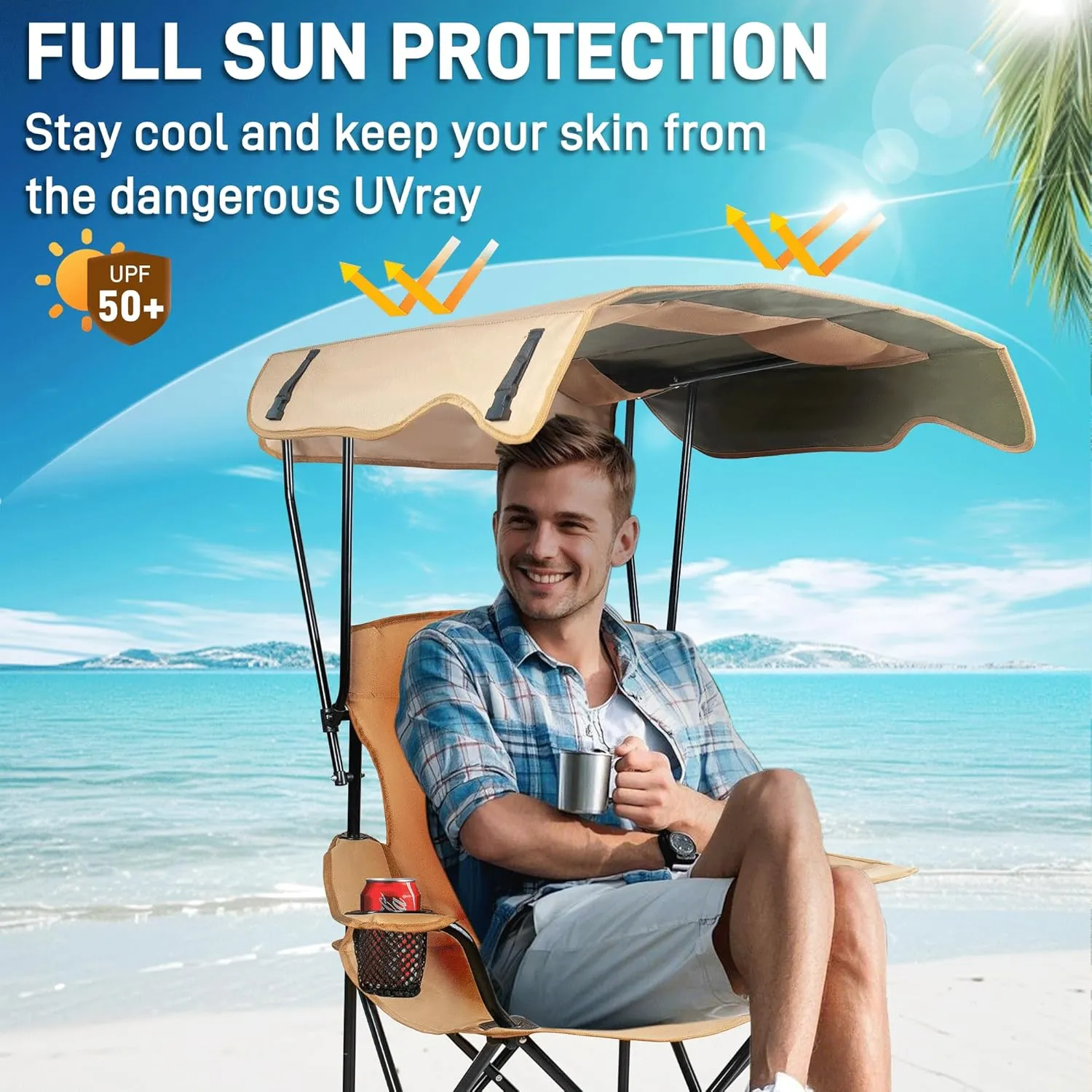 Portable Camping Chair with Canopy, Beach Chair with Canopy Shade, Lightweight Folding Camping Chairs with UPF 50  Sun Shade, Arms & Cup Holder, for Outdoors, Fishing, Beach, Sports - Support 350 Lbs