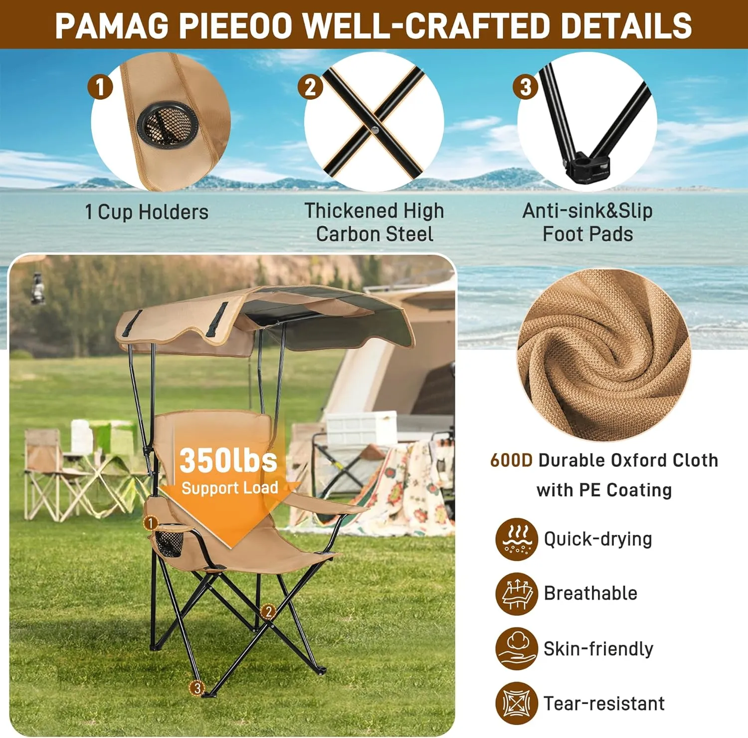 Portable Camping Chair with Canopy, Beach Chair with Canopy Shade, Lightweight Folding Camping Chairs with UPF 50  Sun Shade, Arms & Cup Holder, for Outdoors, Fishing, Beach, Sports - Support 350 Lbs