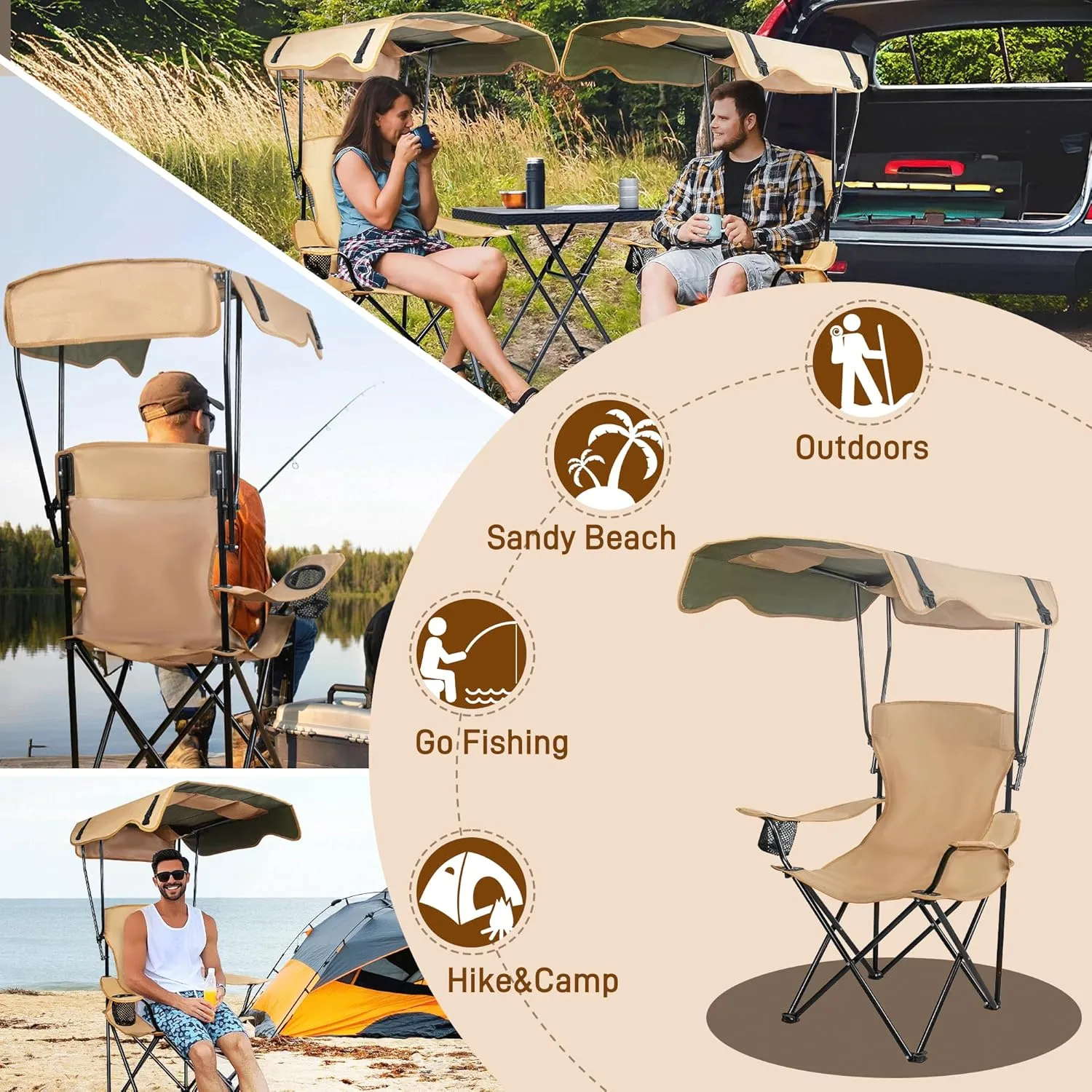 Portable Camping Chair with Canopy, Beach Chair with Canopy Shade, Lightweight Folding Camping Chairs with UPF 50  Sun Shade, Arms & Cup Holder, for Outdoors, Fishing, Beach, Sports - Support 350 Lbs