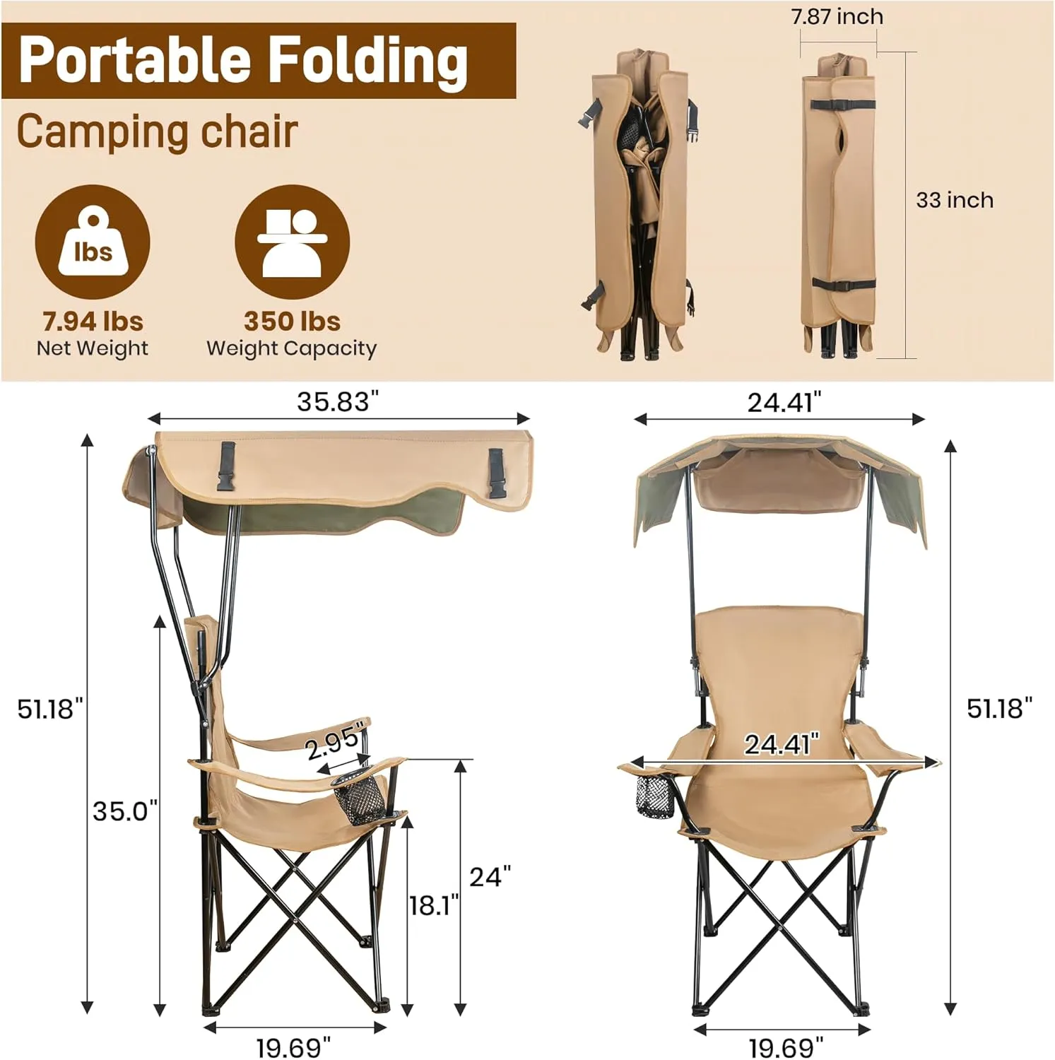 Portable Camping Chair with Canopy, Beach Chair with Canopy Shade, Lightweight Folding Camping Chairs with UPF 50  Sun Shade, Arms & Cup Holder, for Outdoors, Fishing, Beach, Sports - Support 350 Lbs
