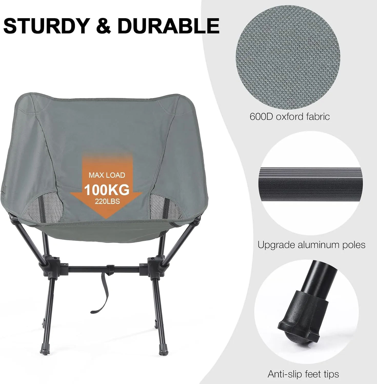 Portable Camping Chairs Men Women, Folding Backpacking Camping Chairs for Adult, Compact Small Beach Chair, Lightweight Camp Chair for Travel Hiking, Grey