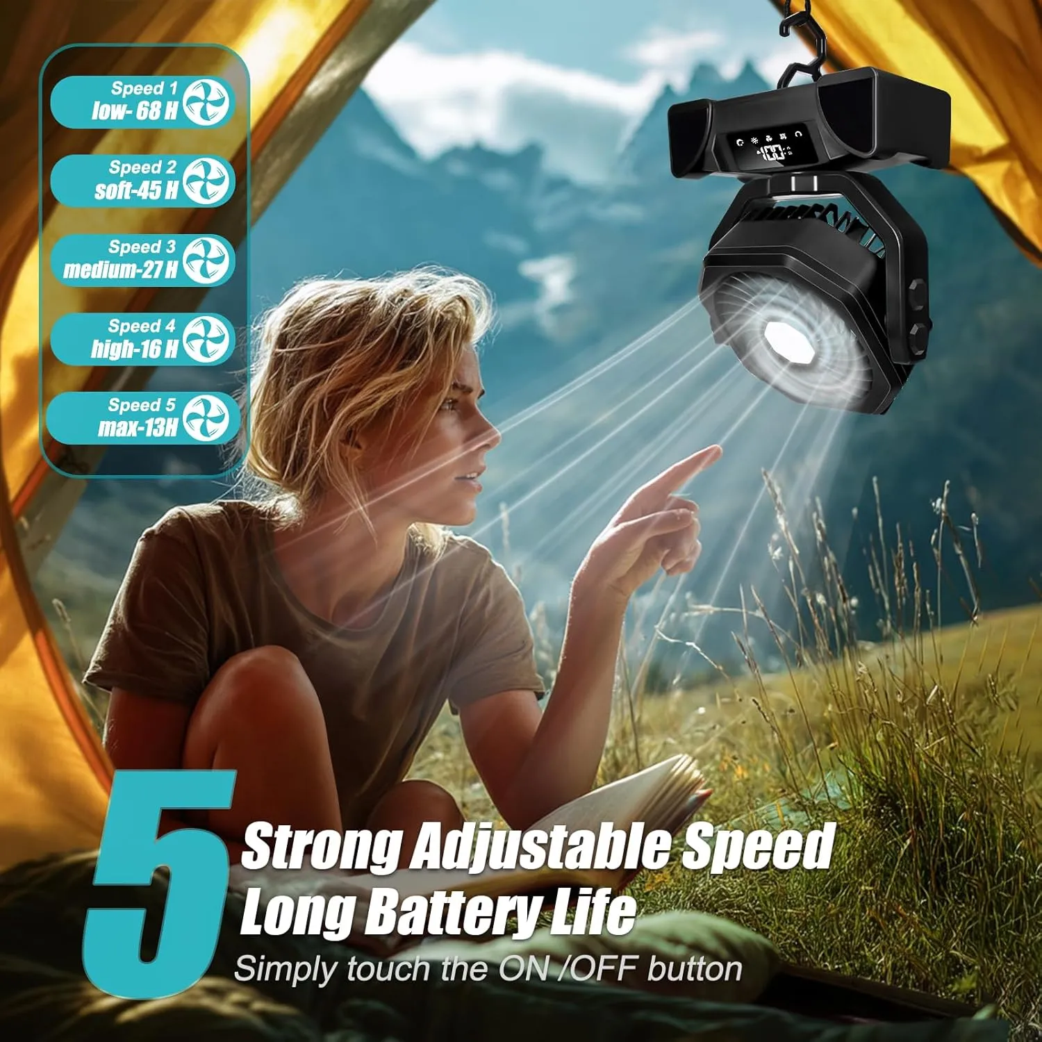 Portable Camping Fan Rechargeable, Battery Operated Tent Fan with LED Lantern & Remote Control, 5 Speeds, 3 Light Color & 4 Timer Mode, Hanging Hook for RV, Bedroom, Office, Outdoor Travel