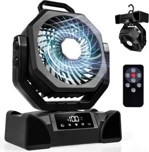 Portable Camping Fan Rechargeable, Battery Operated Tent Fan with LED Lantern & Remote Control, 5 Speeds, 3 Light Color & 4 Timer Mode, Hanging Hook for RV, Bedroom, Office, Outdoor Travel