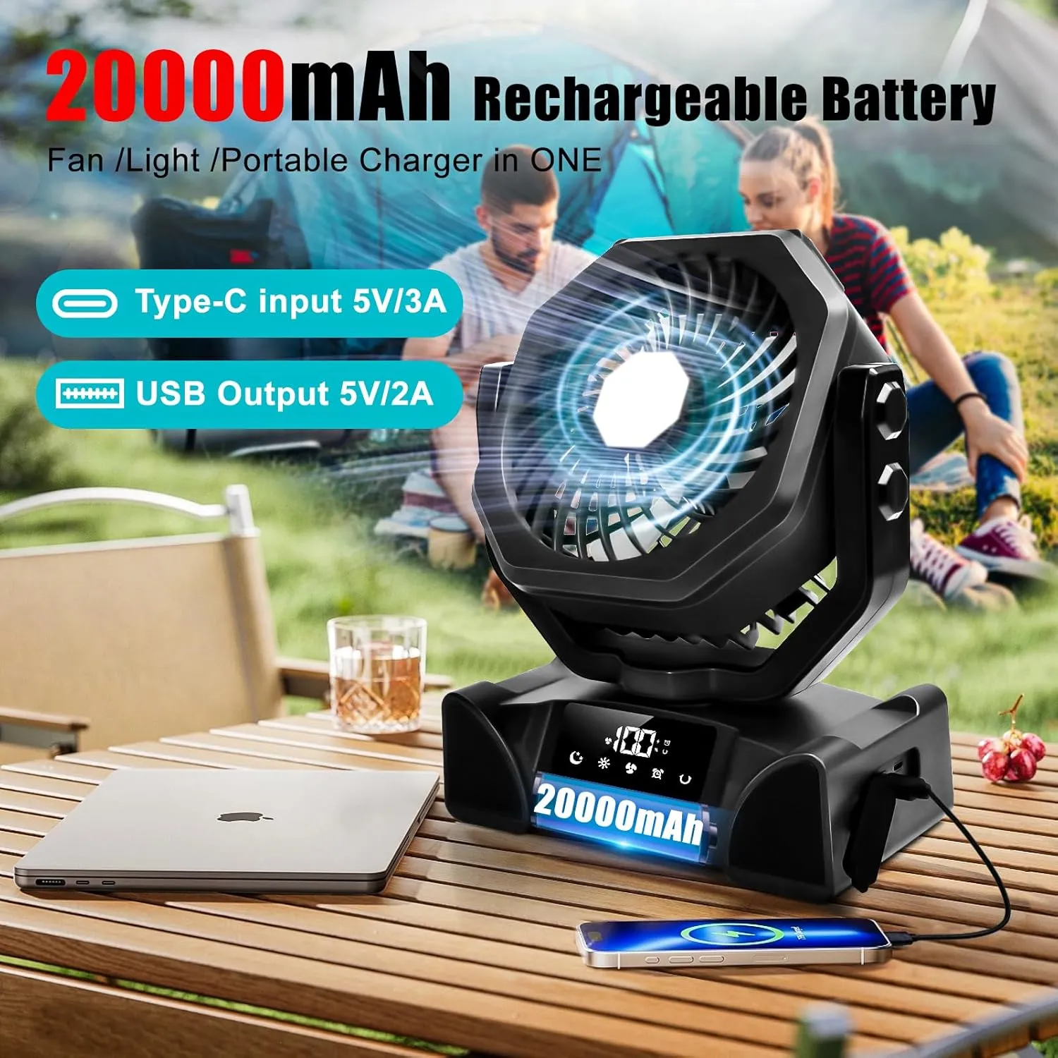 Portable Camping Fan Rechargeable, Battery Operated Tent Fan with LED Lantern & Remote Control, 5 Speeds, 3 Light Color & 4 Timer Mode, Hanging Hook for RV, Bedroom, Office, Outdoor Travel