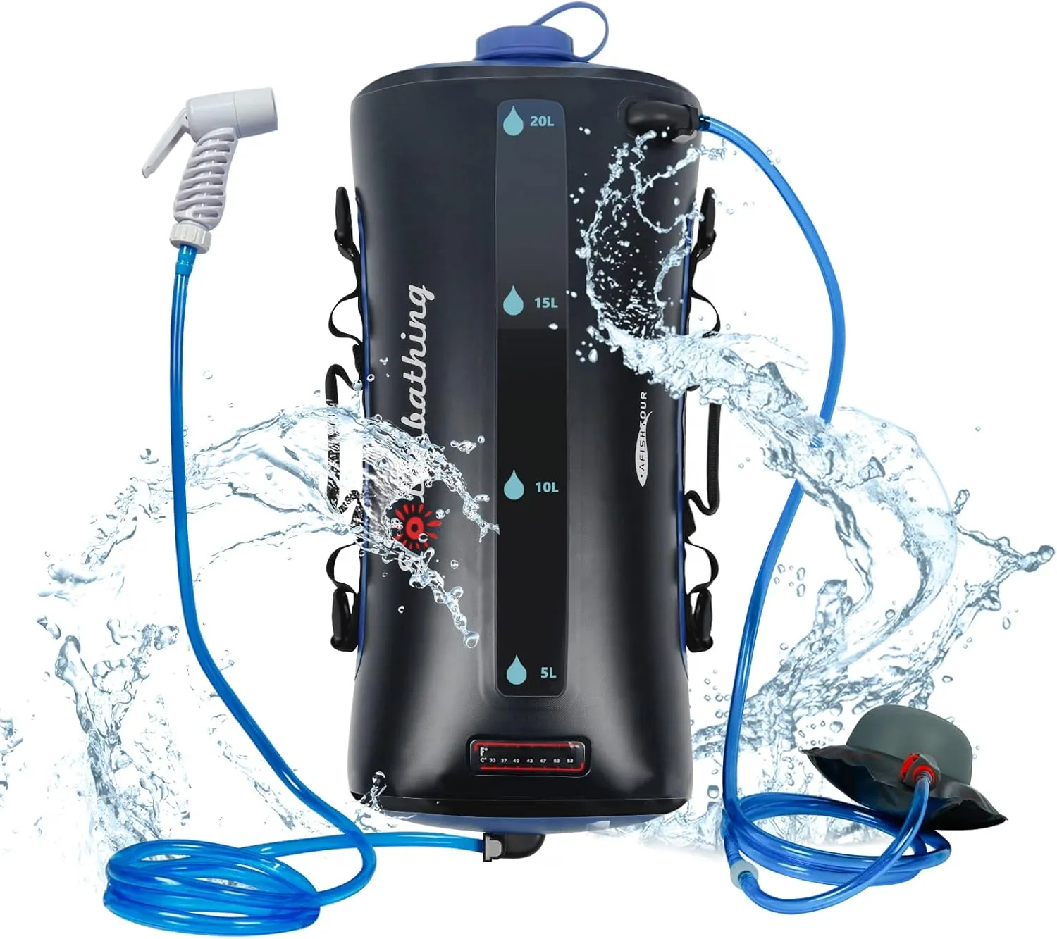 Portable Camping Shower Bag, 20L/5.4 Gallons Solar Shower Bag with Pressure Foot Pump and Shower Nozzle for Beach Camping Swim Travel Hiking Trip