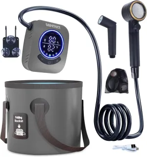 Portable Camping Shower Pump, IPX8 Waterproof, 8000mAh Rechargeable Shower Pump, 5 Speed Mode, 4 Mode Shower Head and 20 L Foldable Bucket, Camp Shower for Hiking,Travel Beach, Pet Bath, Car Washing