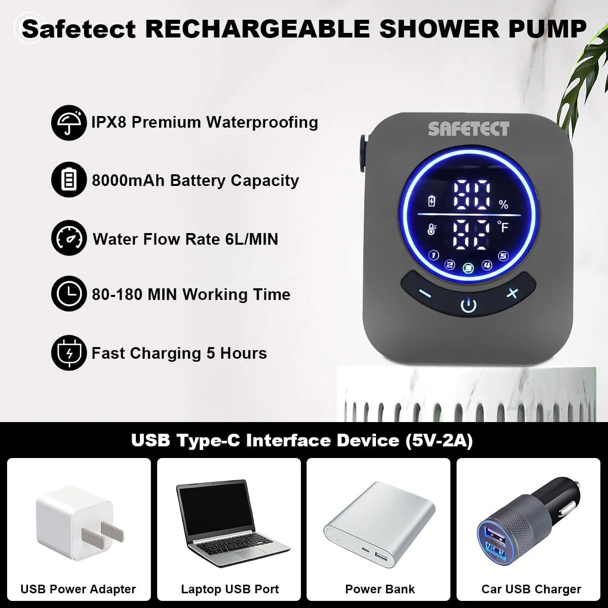Portable Camping Shower Pump, IPX8 Waterproof, 8000mAh Rechargeable Shower Pump, 5 Speed Mode, 4 Mode Shower Head and 20 L Foldable Bucket, Camp Shower for Hiking,Travel Beach, Pet Bath, Car Washing