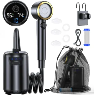 Portable Camping Shower, Upgraded Outdoor Shower with Fahrenheit Display & 8000mAh Rechargeable Battery Pump IPX8 Waterproof for Camp, Hiking, Car Washing