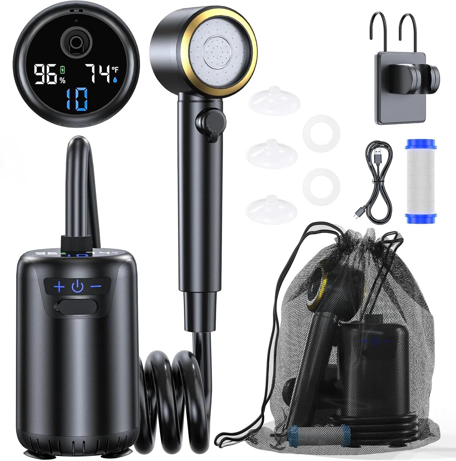 Portable Camping Shower, Upgraded Outdoor Shower with Fahrenheit Display & 8000mAh Rechargeable Battery Pump IPX8 Waterproof for Camp, Hiking, Car Washing