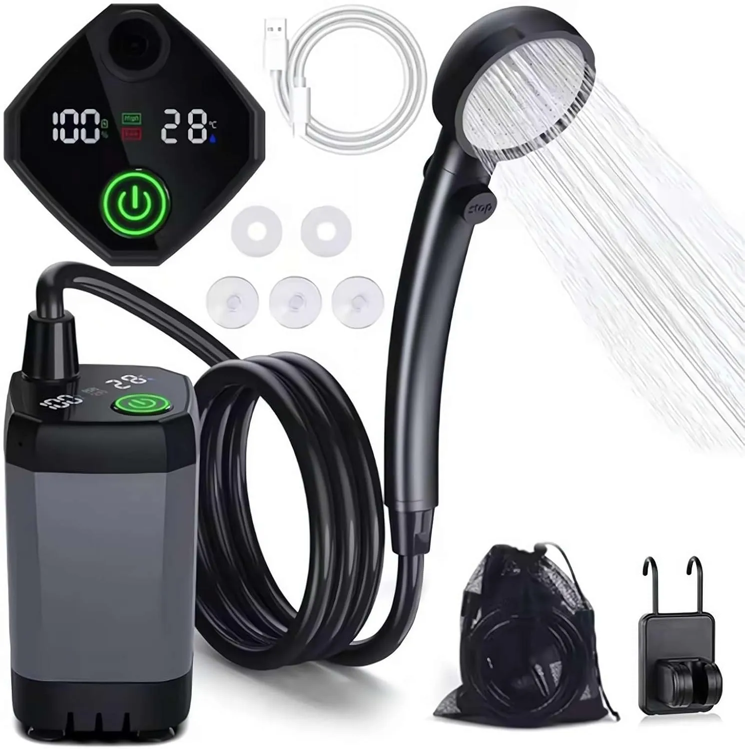 Portable Camping Shower,6000mAh Rechargeable Outdoor Shower Pump with LED Display,4 Spray Modes, IPX7 Waterproof Outdoor Camp Pump for Hiking for Hiking, Travel, Car, Pet