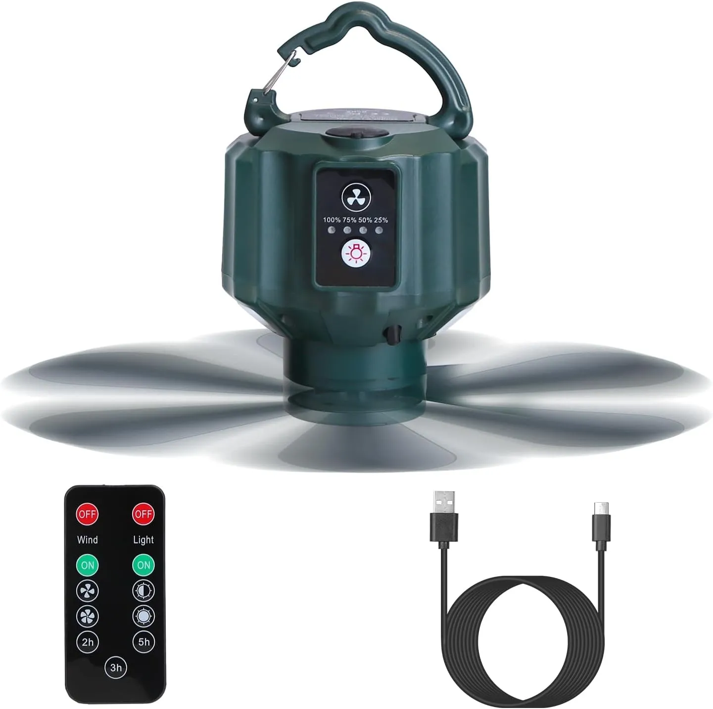 Portable Ceiling Fan, LED Hanging Camping Fan 5200mAh USB Battery Powered Tent Lantern Fan with Smart Timer Remote Control for Car RV Survival Kit Camping Essentials
