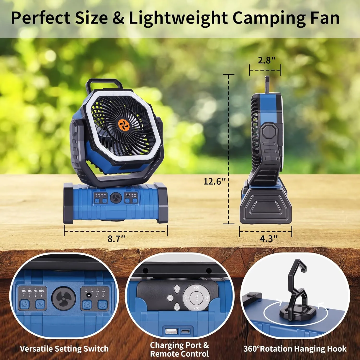 Portable Fan Battery Powered,20000mAh Rechargeable Camping Fan Battery Operated with LED Lantern,Auto-Oscillating USB Personal Cordless Battery Fans Portable Tent Travel & Hanging Hook (Blue)