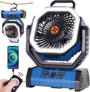 Portable Fan Battery Powered,20000mAh Rechargeable Camping Fan Battery Operated with LED Lantern,Auto-Oscillating USB Personal Cordless Battery Fans Portable Tent Travel & Hanging Hook (Blue)