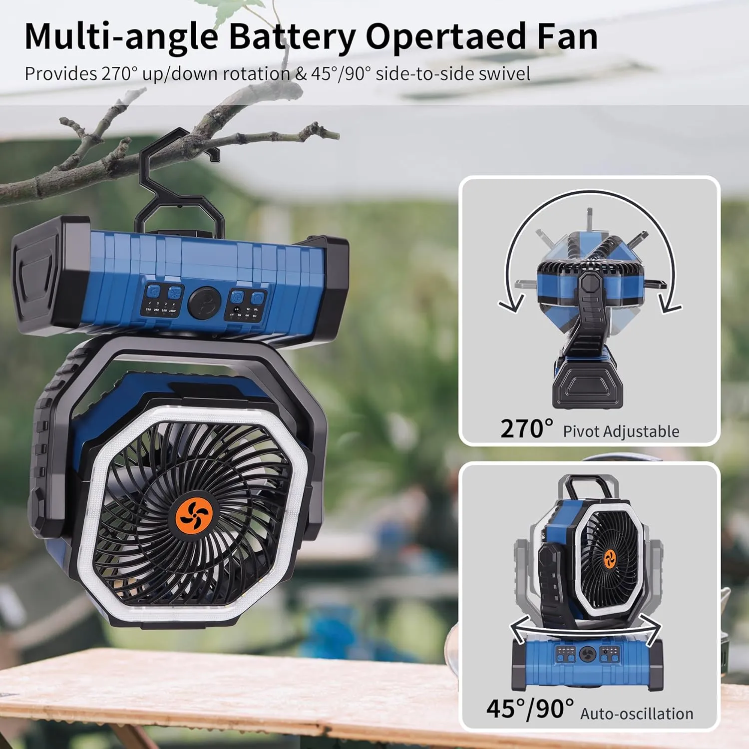 Portable Fan Battery Powered,20000mAh Rechargeable Camping Fan Battery Operated with LED Lantern,Auto-Oscillating USB Personal Cordless Battery Fans Portable Tent Travel & Hanging Hook (Blue)