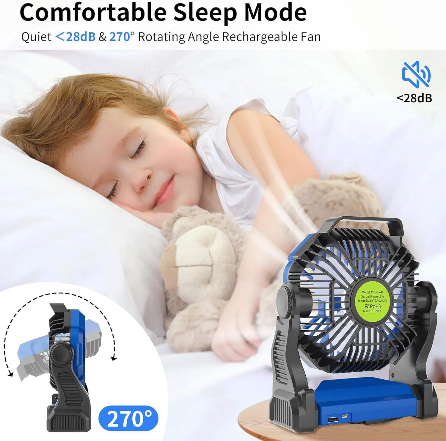 Portable Fan Rechargeable，270° Rotating Portable Cordless Battery Powered Camping Fan Rechargeable, USB Desk Personal Outdoor Camping Fans for Tents,Travel X23 Blue