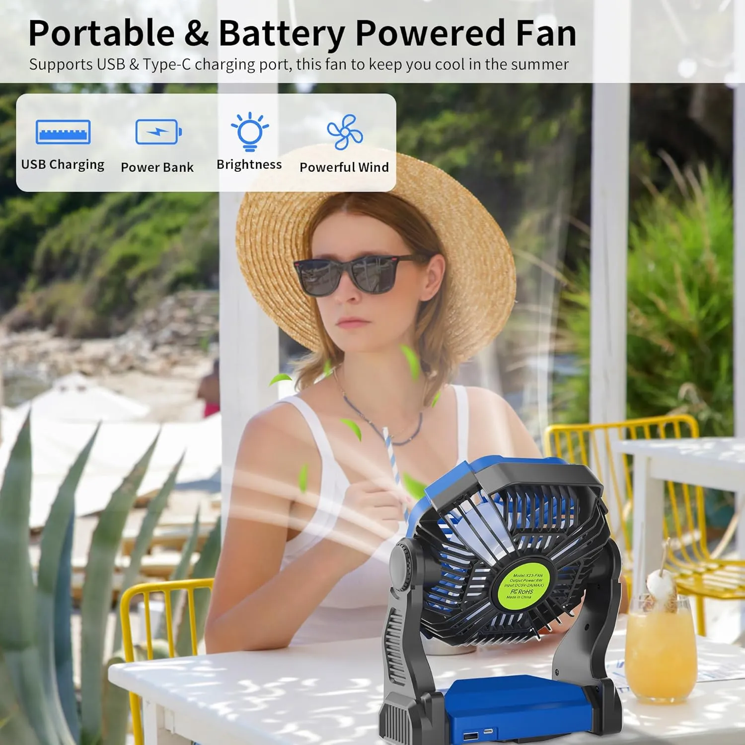Portable Fan Rechargeable，270° Rotating Portable Cordless Battery Powered Camping Fan Rechargeable, USB Desk Personal Outdoor Camping Fans for Tents,Travel X23 Blue