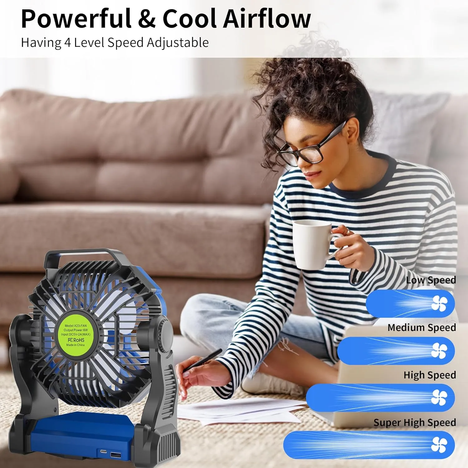 Portable Fan Rechargeable，270° Rotating Portable Cordless Battery Powered Camping Fan Rechargeable, USB Desk Personal Outdoor Camping Fans for Tents,Travel X23 Blue