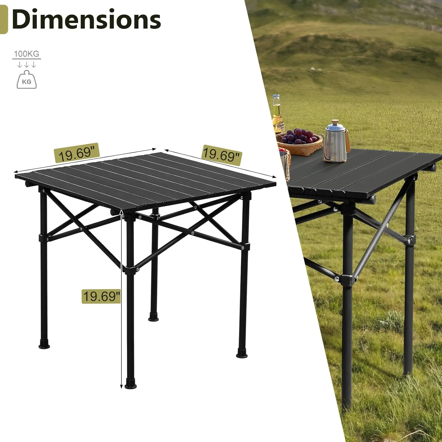 Portable Folding Camping Table Small Camping Side Table That Fold Up Aluminum Lightweight with Carrying Bag for Outdoor Cooking, Picnic, Beach, Backyards, BBQ and Party, 20x20 in, Black