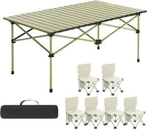 Portable Folding Camping Tables and Chair, Carbon Steel Beach Table with Carry Bag, Camping Essentials for Outdoor Picnic, Camp, Travel (Color : Beige 6 Chairs, Size : 37.4x22.4x19.6in)