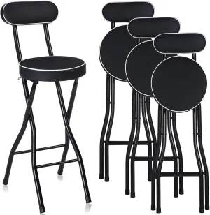 Portable Folding Stool with Backrest for Adults Set of 4 Black Counter Height Foldable Bar Stools 25.6 Inch Cushioned Padded Seats Kitchen Garden and Camping