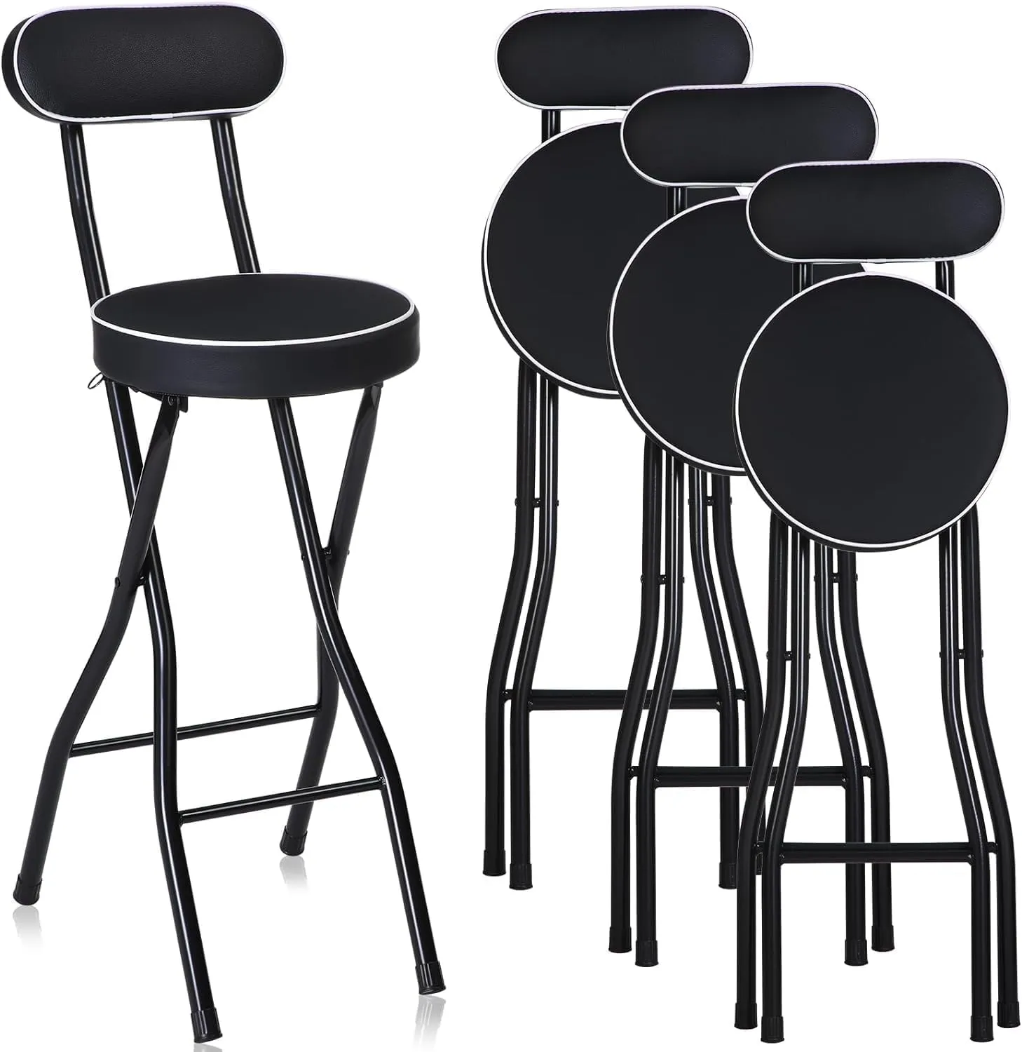 Portable Folding Stool with Backrest for Adults Set of 4 Black Counter Height Foldable Bar Stools 25.6 Inch Cushioned Padded Seats Kitchen Garden and Camping