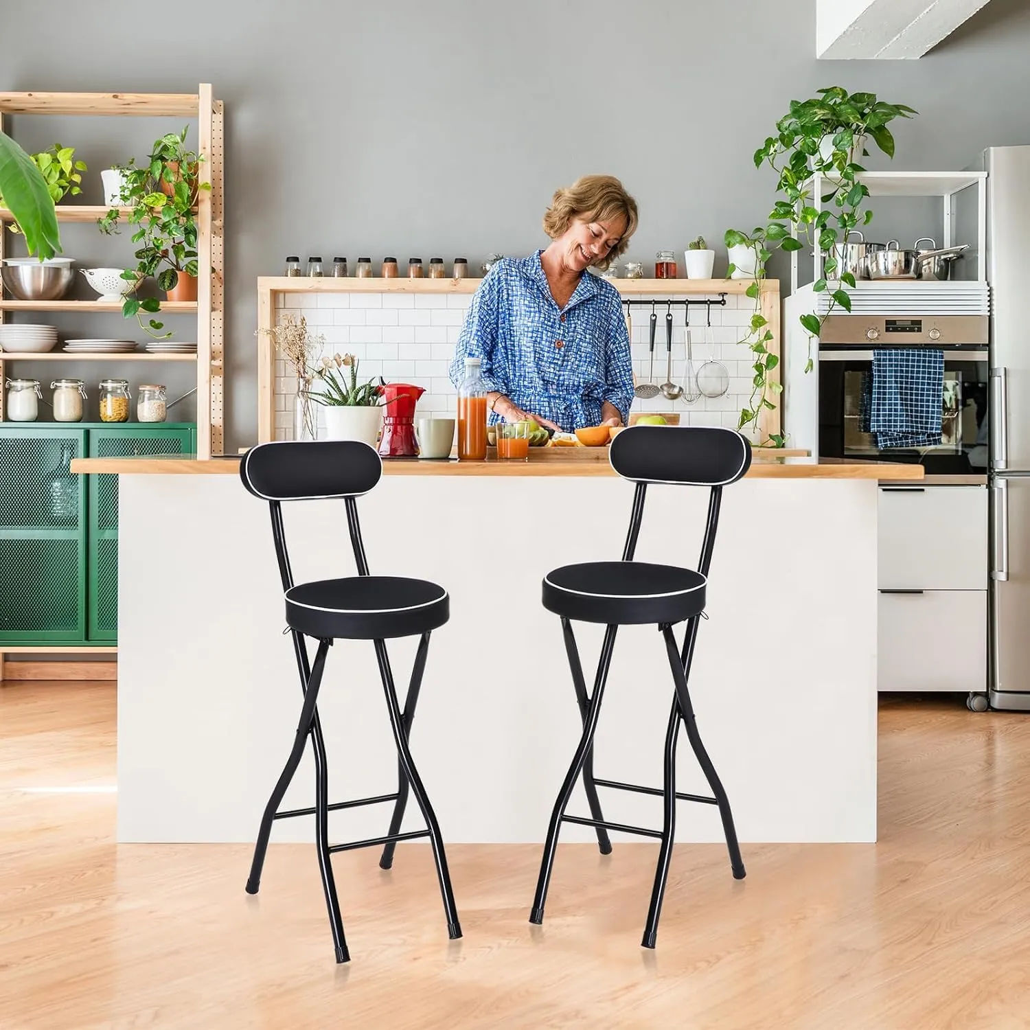 Portable Folding Stool with Backrest for Adults Set of 4 Black Counter Height Foldable Bar Stools 25.6 Inch Cushioned Padded Seats Kitchen Garden and Camping