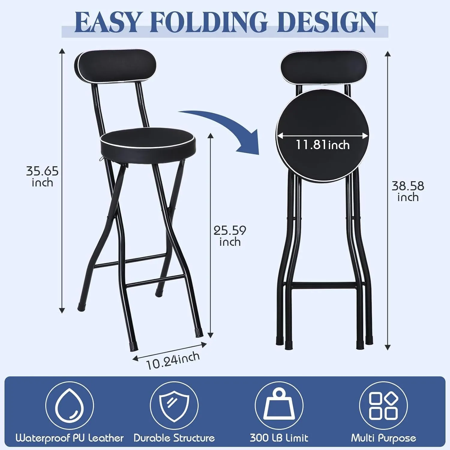 Portable Folding Stool with Backrest for Adults Set of 4 Black Counter Height Foldable Bar Stools 25.6 Inch Cushioned Padded Seats Kitchen Garden and Camping