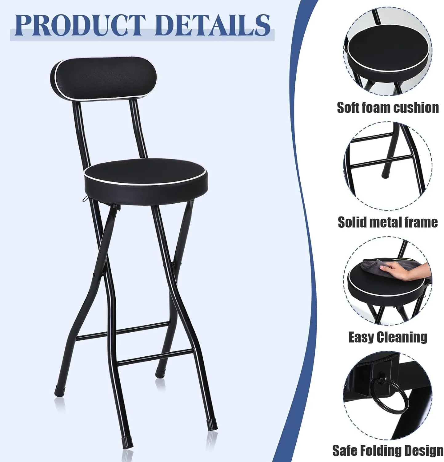 Portable Folding Stool with Backrest for Adults Set of 4 Black Counter Height Foldable Bar Stools 25.6 Inch Cushioned Padded Seats Kitchen Garden and Camping