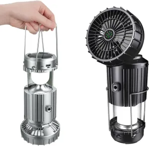 Portable Led Camping Lantern with Fan, Solar Camping Fan Charging for Phone for Camping Tent Hurricanes Power Outages Storm Indoor Outdoor (Black)