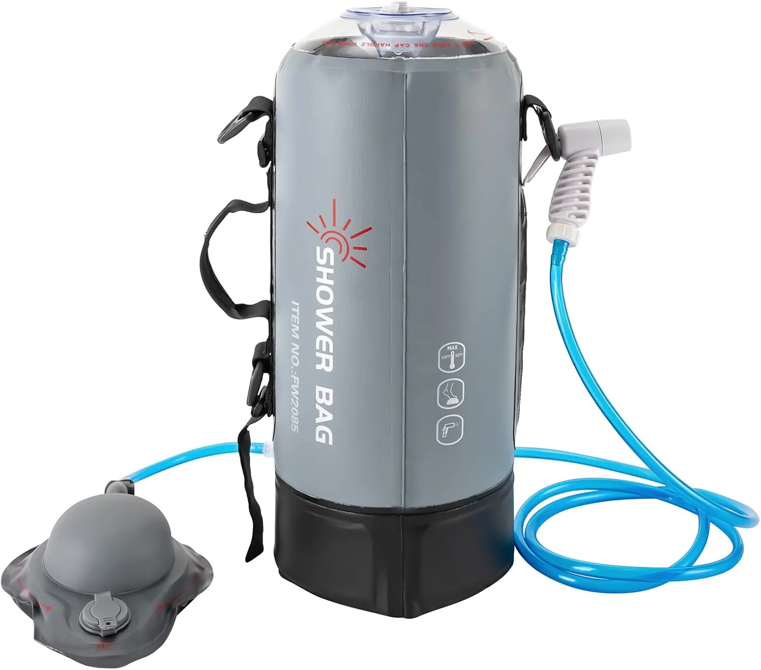 Portable Outdoor Shower Bag - 3 Gallons/12 L, Heated Camping Shower with Pump, Removable Hose and Hanging Kit, Hot Water 53 °C On/Off Switchable Shower Head for Rinsing, Travel and Hiking
