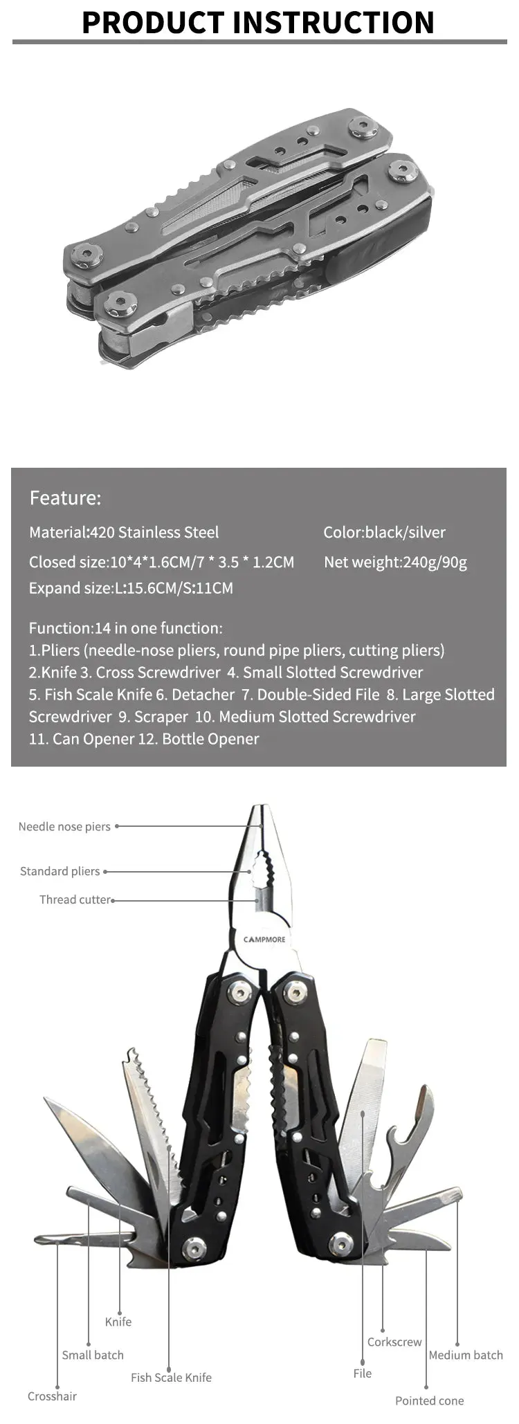 Portable Pocket Multitool Stainless Steel Multitool Pliers Knife