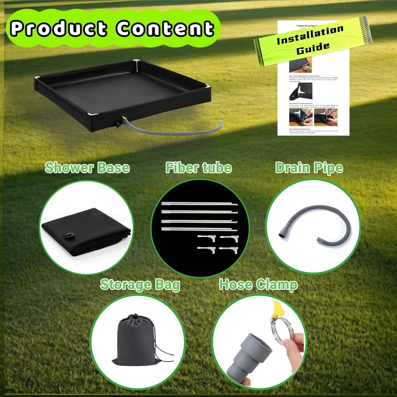 Portable Shower Pan, 41" x 41" x 5" Foldable Outdoor Camping Shower Stall Base with Drain, Ideal for RV Shower Tent Awning Enclosure
